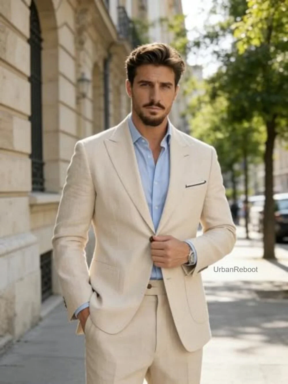 Linen Suit 2 Piece Slim Fit Men's Wedding Prom Outfit Blazer Pants Set
